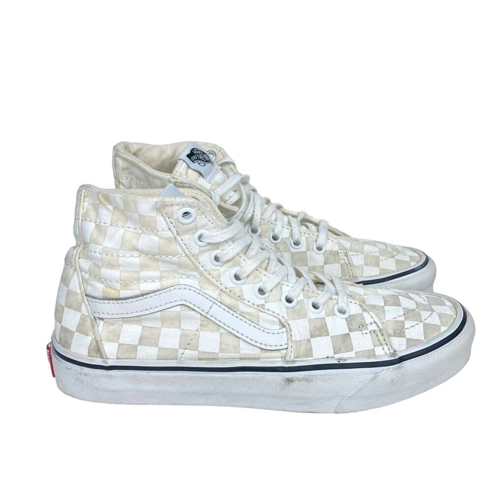 Vans Checkerboard High-Top Sneakers in White and Beige
